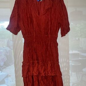 Blue Rain Red Ruffled Puff Sleeve Midi Dress